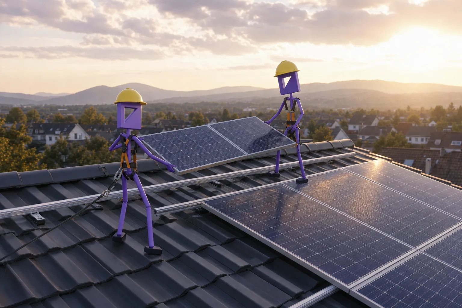 Dva Hortmani montují fotovoltaické panely na střechu rodinného domu při západu slunce.